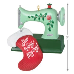 Hallmark Sew Very Merry! Ornament -Home Decoration Sale Green Sewing Machine and Stocking Keepsake Ornament 1799QGO2927 03
