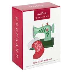 Hallmark Sew Very Merry! Ornament -Home Decoration Sale Green Sewing Machine and Stocking Keepsake Ornament 1799QGO2927 04